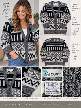 Vintage Diversity Wool Blend Cardigan L Black Gray Geometric Oversized Sweater